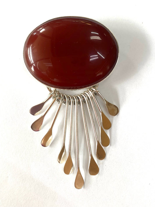 Vintage RIS Mexico sterling silver carnelian dangle pendant brooch 1.5" x 2.75"