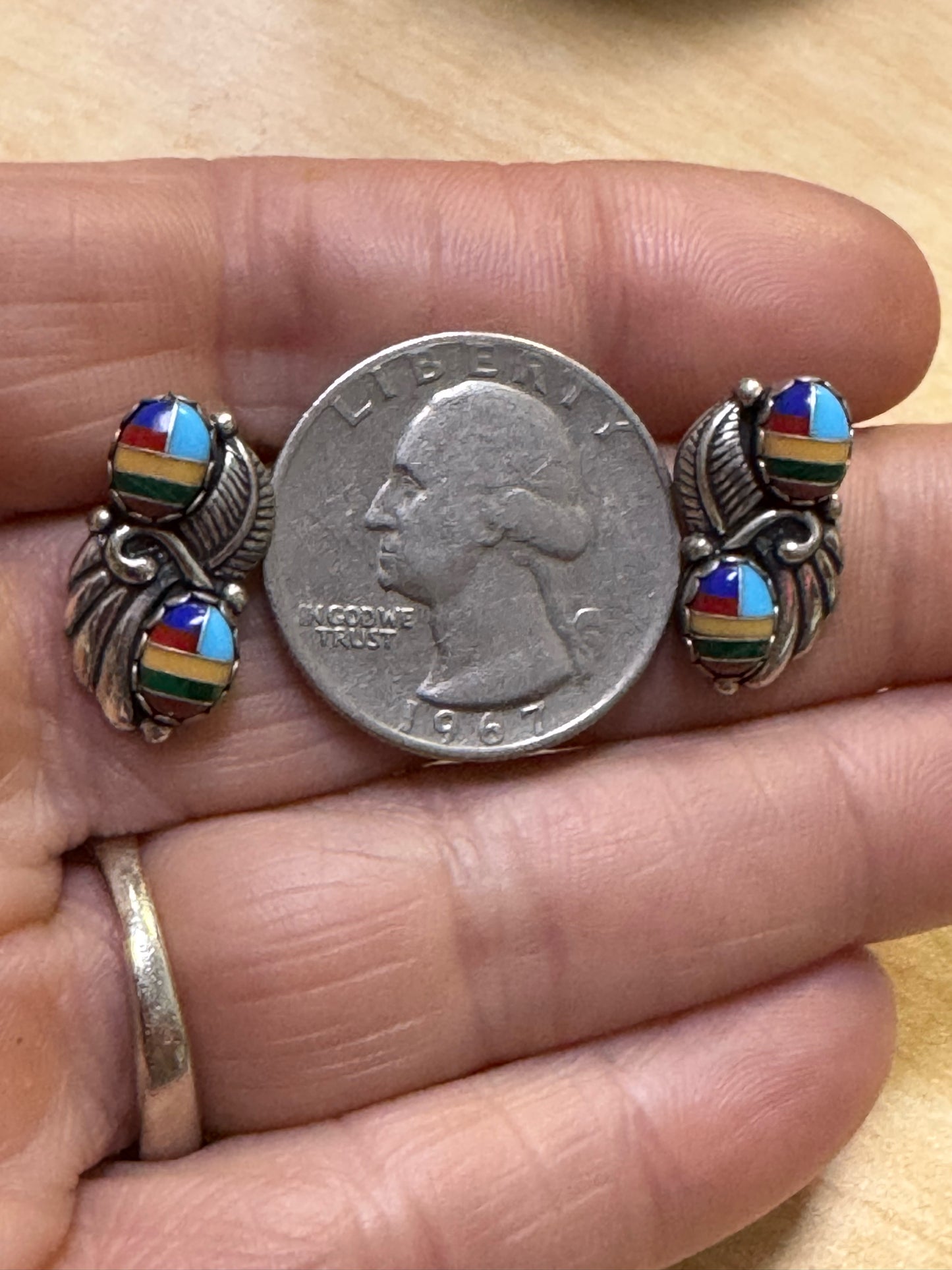 Native American Sterling Silver Multi Stone Inlaid Earrings WM .75" x .40" Leave