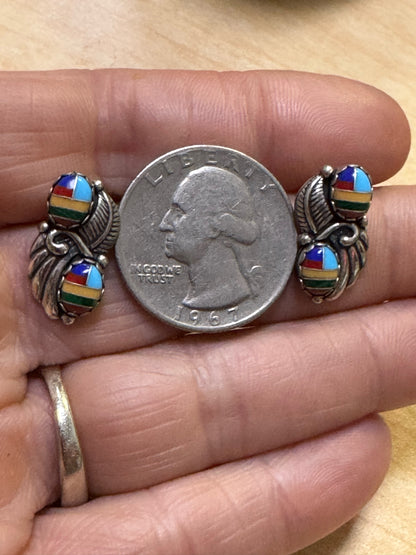 Native American Sterling Silver Multi Stone Inlaid Earrings WM .75" x .40" Leave