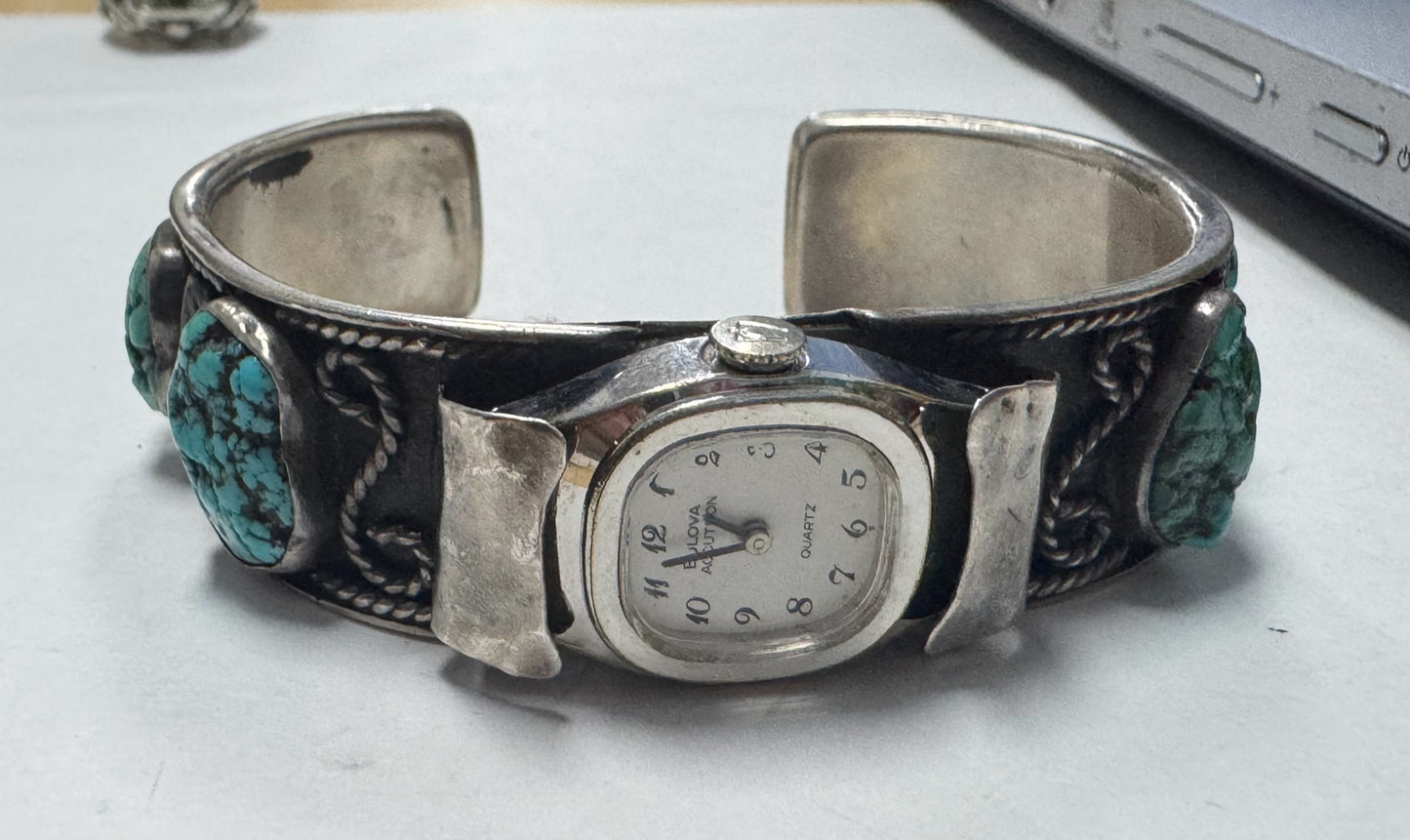 Vintage Sterling Silver Cuff Turquoise Watch Bulova Accutron New Battery
