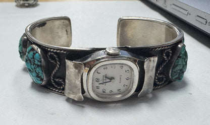 Vintage Sterling Silver Cuff Turquoise Watch Bulova Accutron New Battery