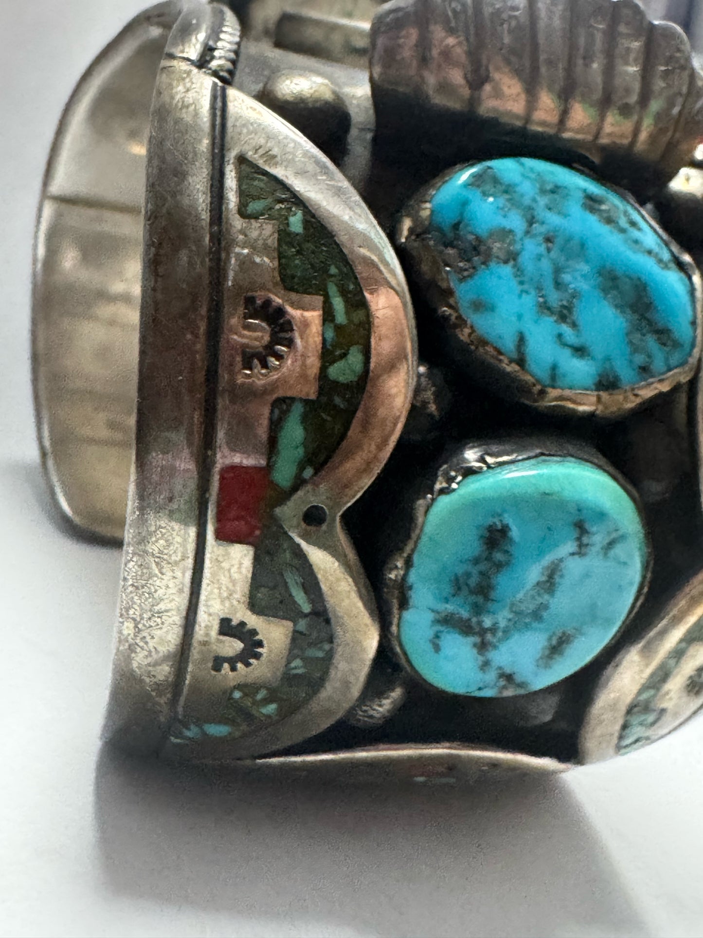 William Singer Sterling Silver 2" Wide Coral & Turquoise Inlaid Watch Cuff 132g