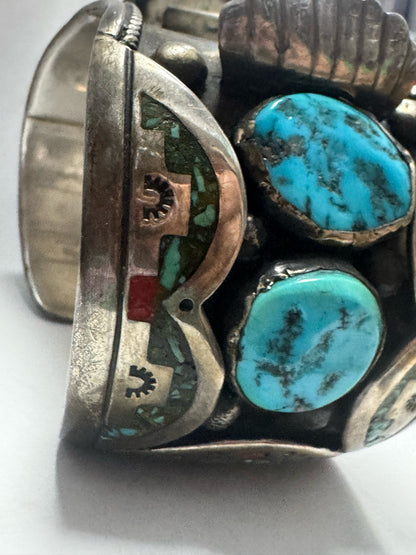 William Singer Sterling Silver 2" Wide Coral & Turquoise Inlaid Watch Cuff 132g