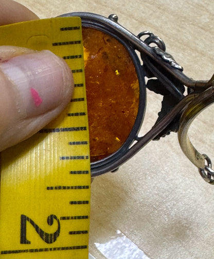 Vintage Sterling Silver Hinged Bangle 7" Bracelet Natural Baltic 1.28" Amber