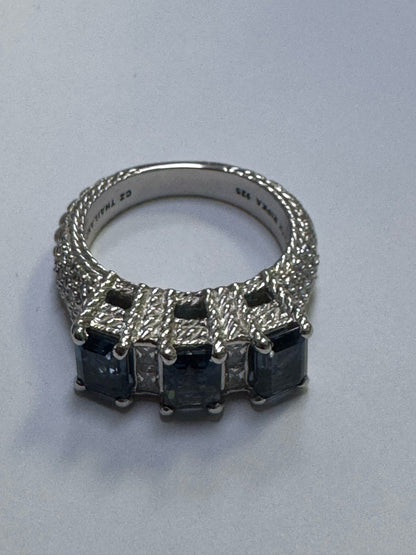 Vintage JUDITH RIPKA Sterling Silver Emerald Cut 3 London Blue Topaz CZ Ring 10