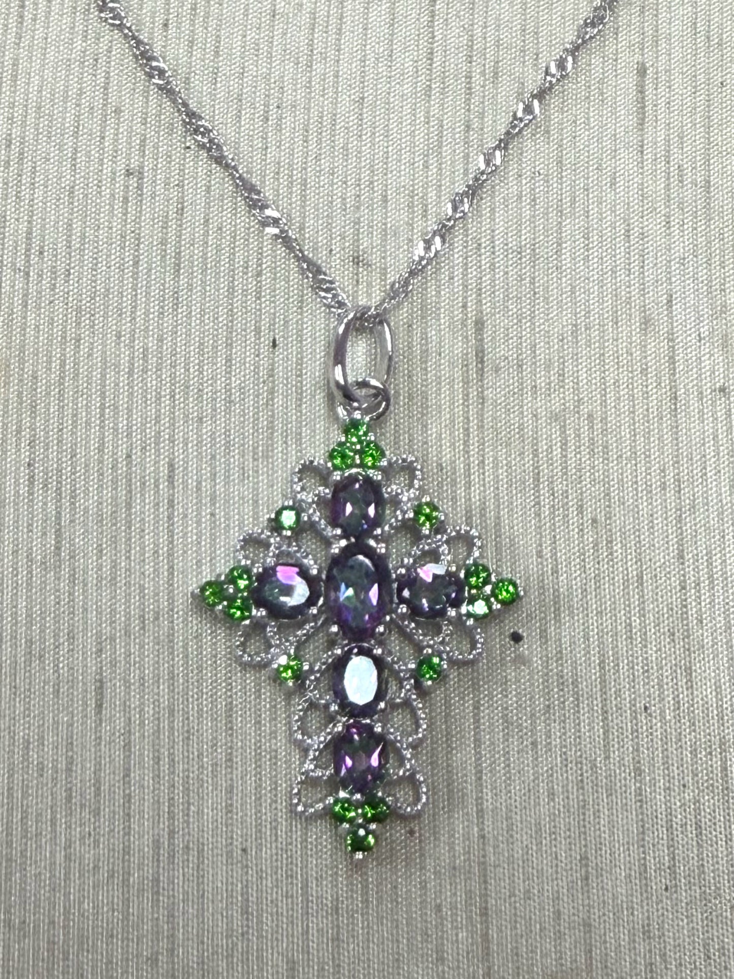 Sterling Silver Gemstone Cross Pendant & Chain New JTV