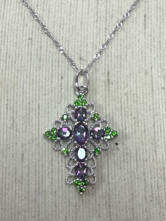 Sterling Silver Gemstone Cross Pendant & Chain New JTV