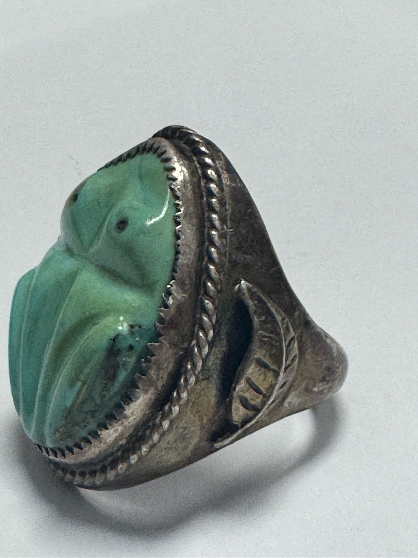 Vintage Native American Sterling Silver Heavy 35g Carve Turquoise Ring Size 9.75