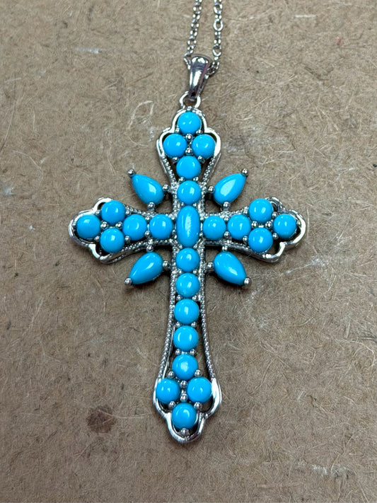 Sterling Sleeping Beauty Turquoise Cross Pendant & Chain New JTV