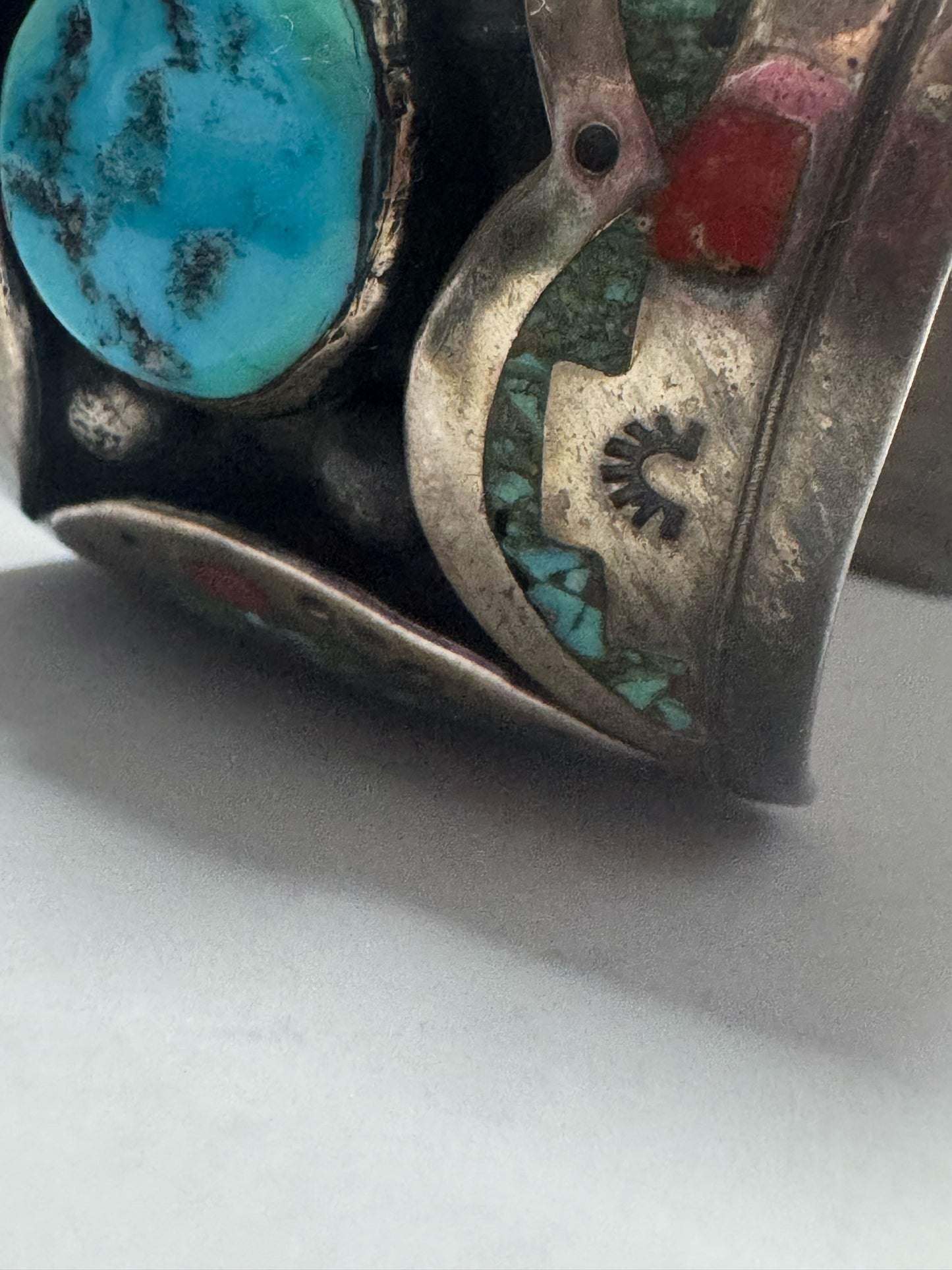 William Singer Sterling Silver 2" Wide Coral & Turquoise Inlaid Watch Cuff 132g