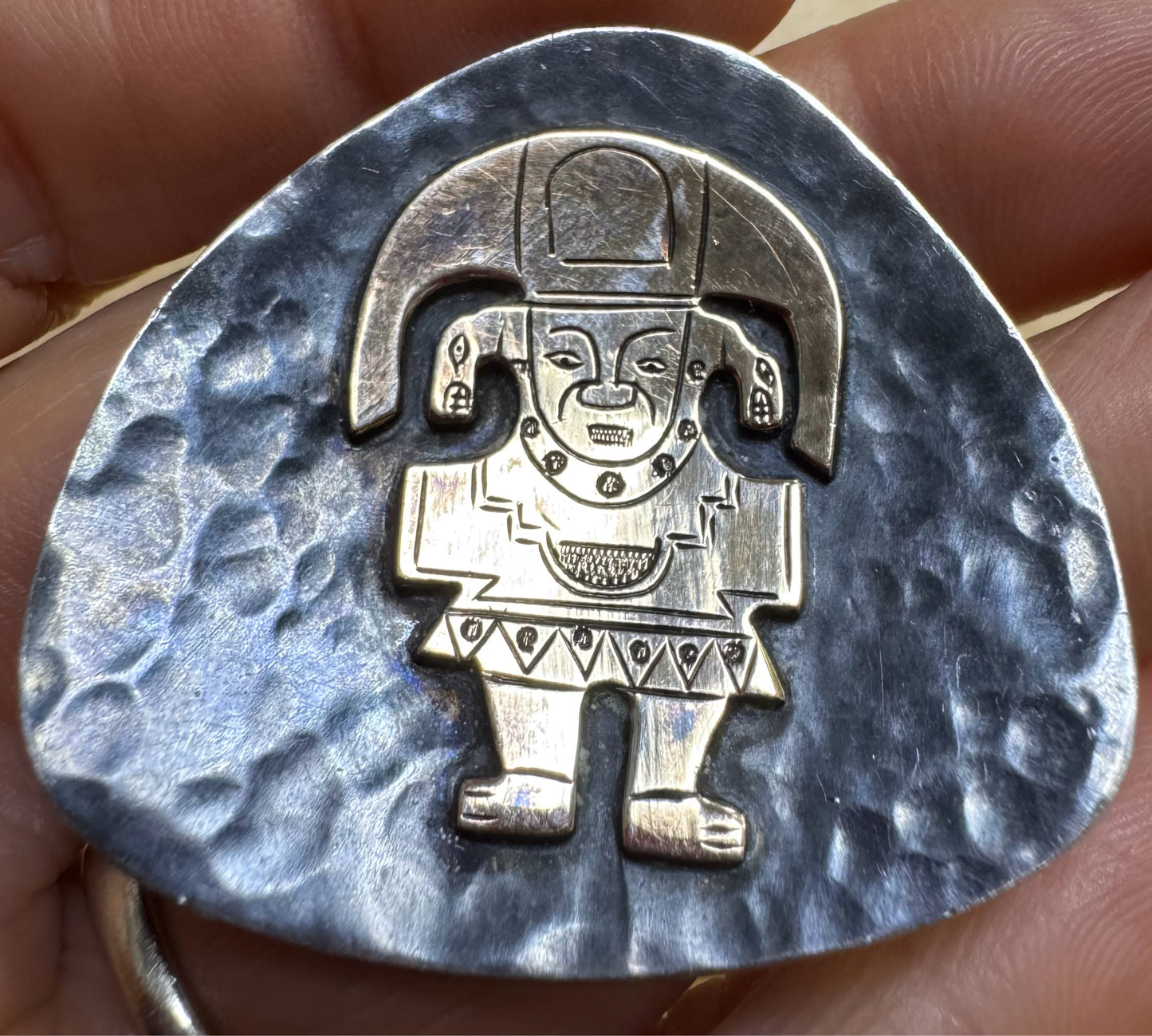 18k Yellow Gold & Sterling Silver Graziella Laffi Peru Aztec Brooch Pin