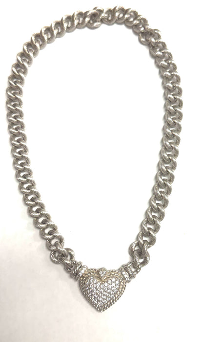 Judith Ripka Sterling Silver CZ Cubic Zirconia Heart 18" Necklace Rolo Chain 83g