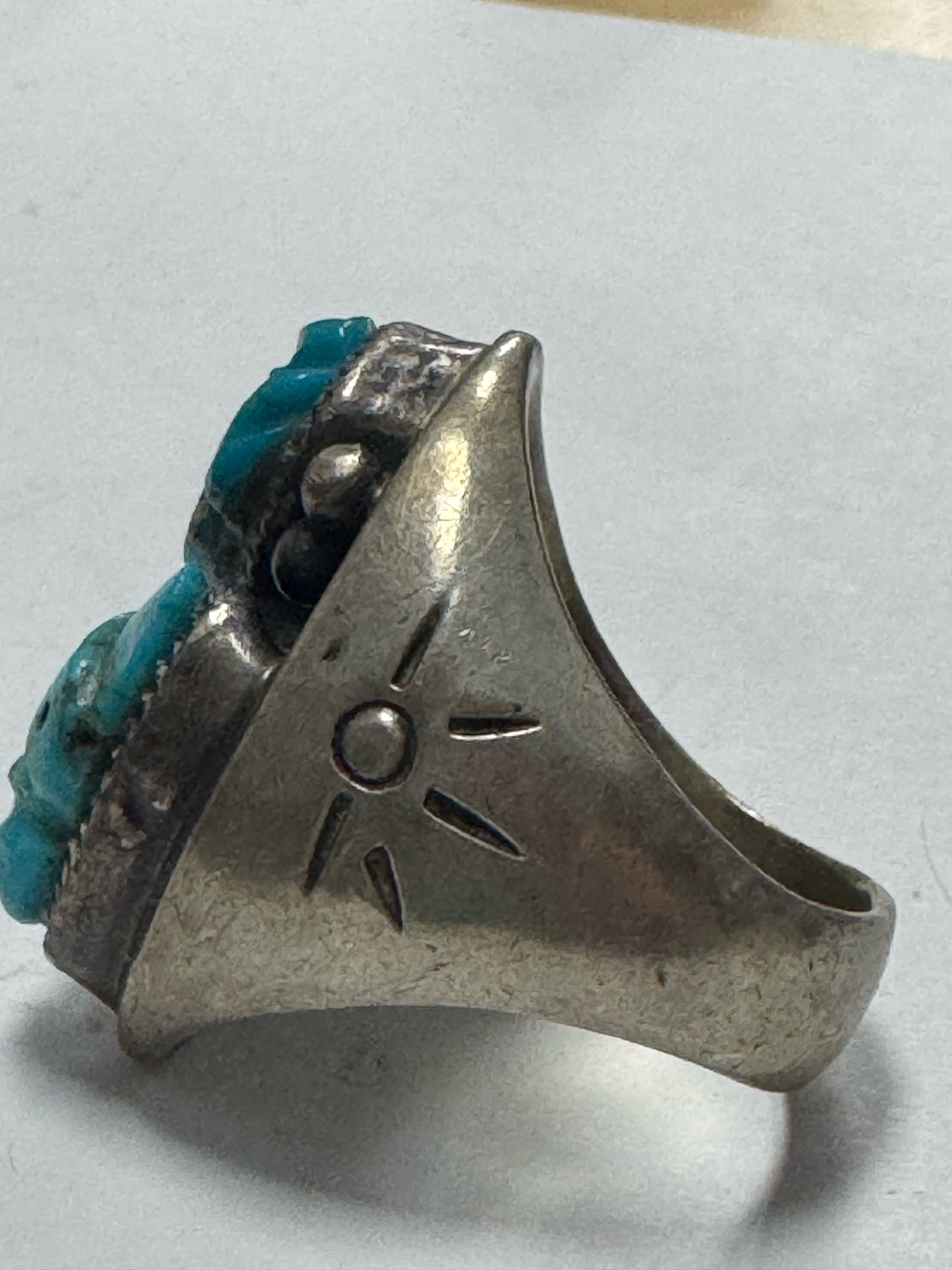 Native American Sterling Silver Ring Heavy Massive 37g Carve Turquoise Size 12.5