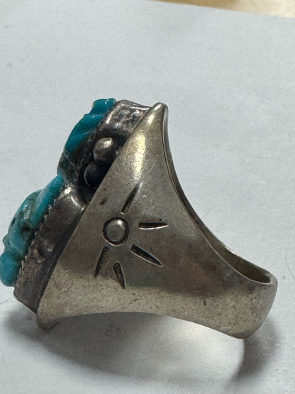 Native American Sterling Silver Ring Heavy Massive 37g Carve Turquoise Size 12.5