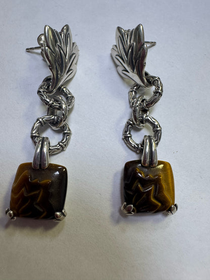 Carolyn Pollack Carved Tigers Eye Sterling Silver 925 Dangle Earrings