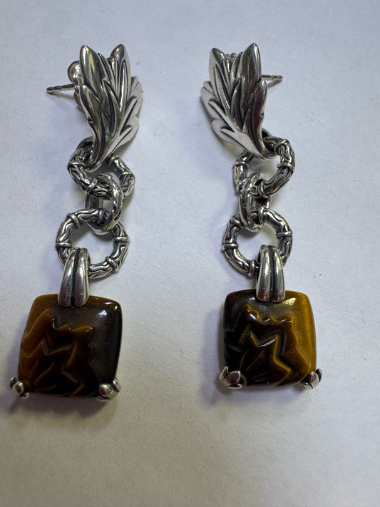 Carolyn Pollack Carved Tigers Eye Sterling Silver 925 Dangle Earrings