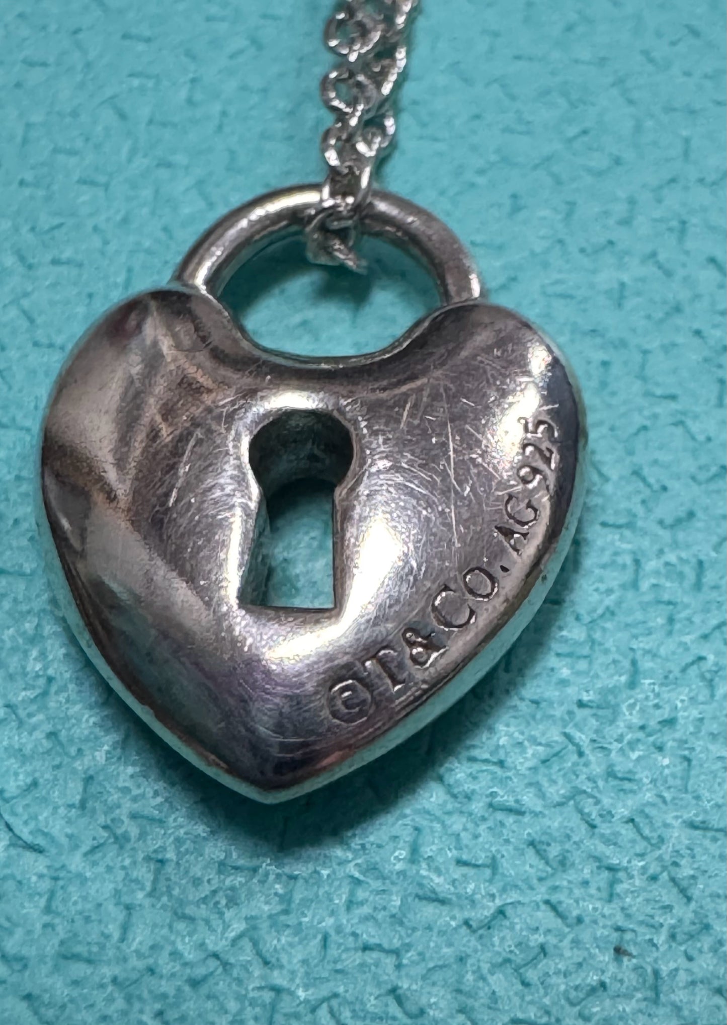 Tiffany & Co Sterling Silver Blue Enamel Small Heart Lock 16" Necklace Keyhole