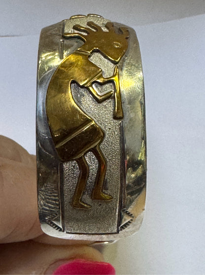 CJ Charlie John Navajo Sterling Silver & Gold Filled Kokopelli Cuff Bracelet