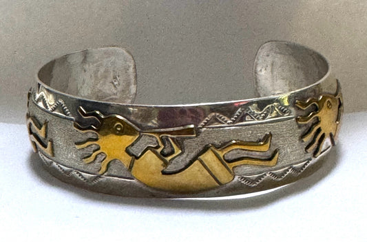 CJ Charlie John Navajo Sterling Silver & Gold Filled Kokopelli Cuff Bracelet