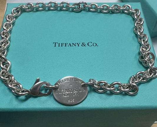 15.5" Please Return To Tiffany Oval Tag Choker Pendant Necklace Sterling Silver