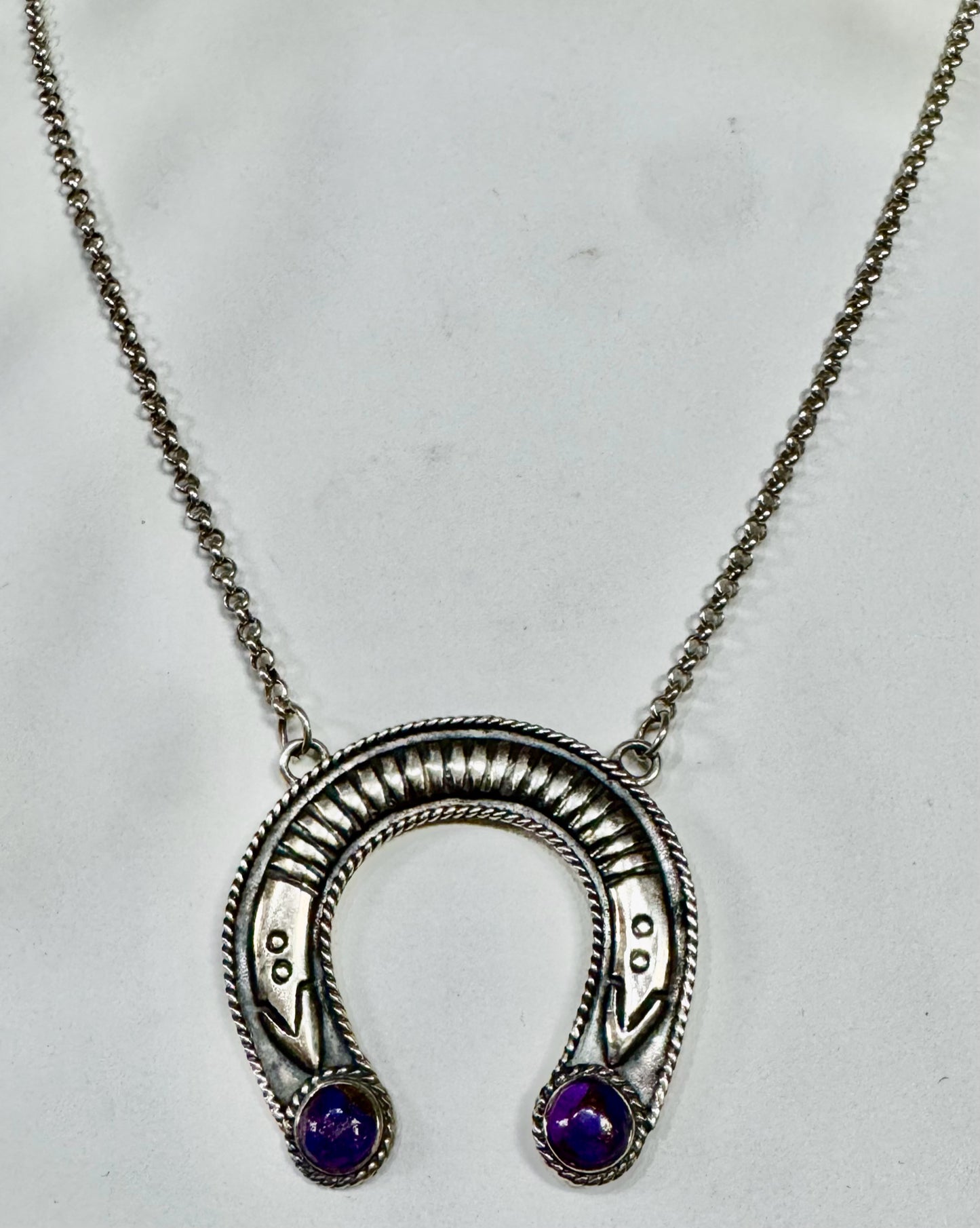 Sterling Silver 1.3" x 1.4" Horseshoe Necklace Adj 17"- 20" Purple Gemstones