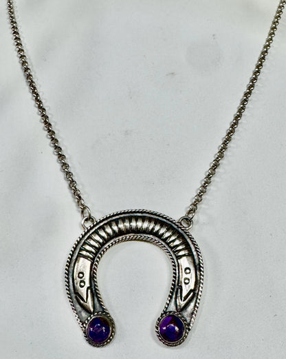Sterling Silver 1.3" x 1.4" Horseshoe Necklace Adj 17"- 20" Purple Gemstones