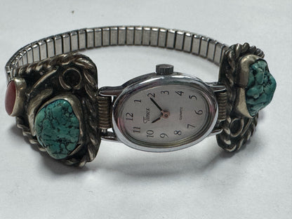 Sterling Silver Watch Tips Turquoise & Coral Made in Mexico Timex Watch
