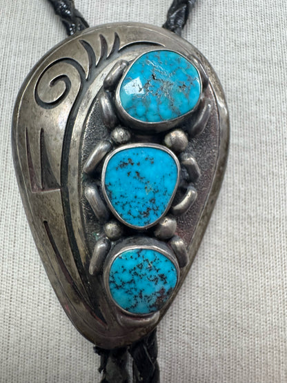 Bennett Pat Pend 2.5" x 1.5" Bolo Tie Turquoise Navajo Native American