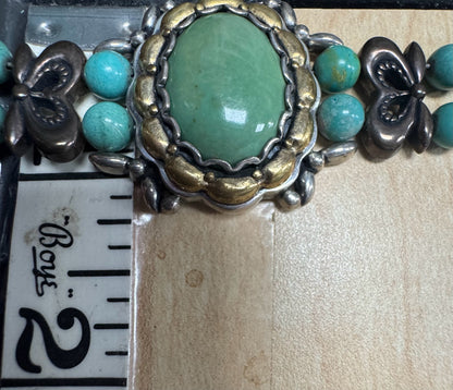 Carolyn Pollock Sterling Silver & Brass Green Turquoise Bracelet 7.5" - 8"