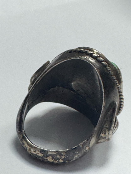 Vintage Native American Sterling Silver Heavy 35g Carve Turquoise Ring Size 9.75