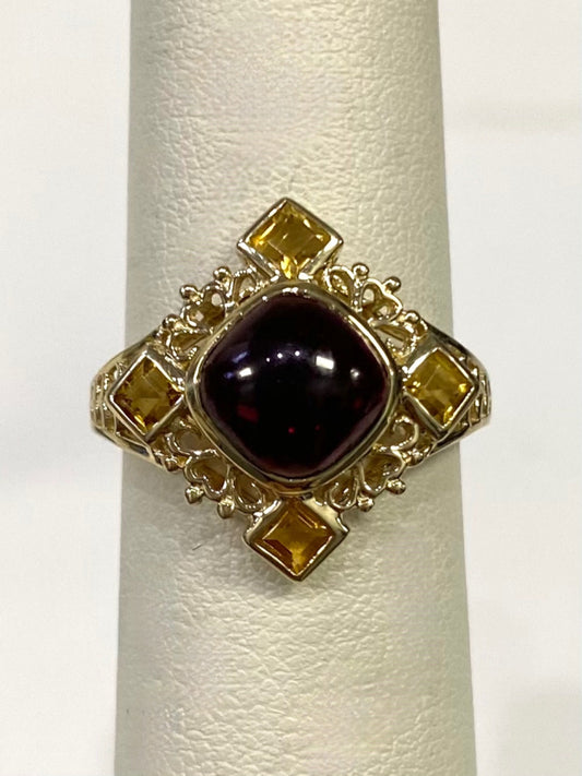 10k Yellow Gold Cabochon Garnet Citrine Ring Size 7.25