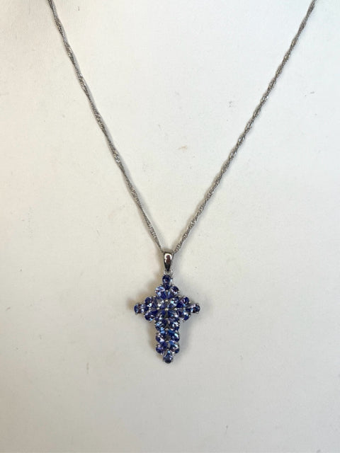 Sterling Silver Tanzanite Cross Pendant Necklace Chain New JTV