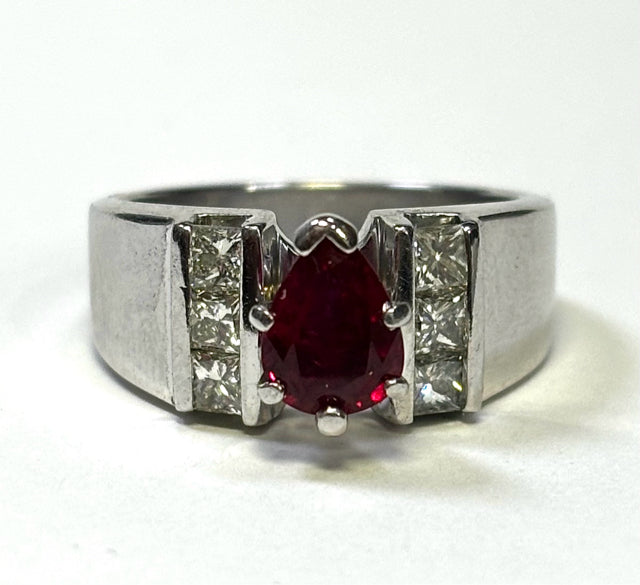 14kw 1.14ct Pear Natural Ruby .70 ct tw Princess Cut Diamond Ring