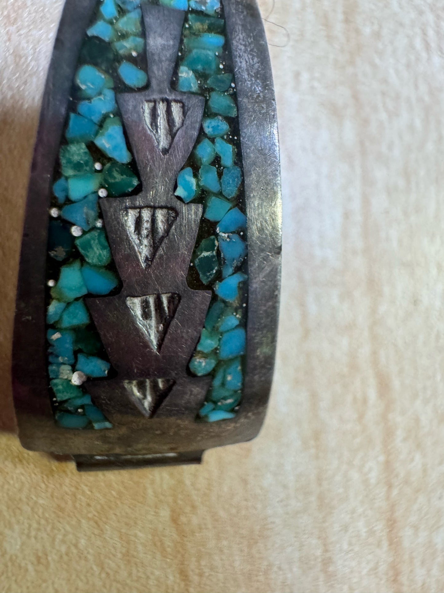Silver Native American Inlaid Chip Turquoise Stretch Watch Band