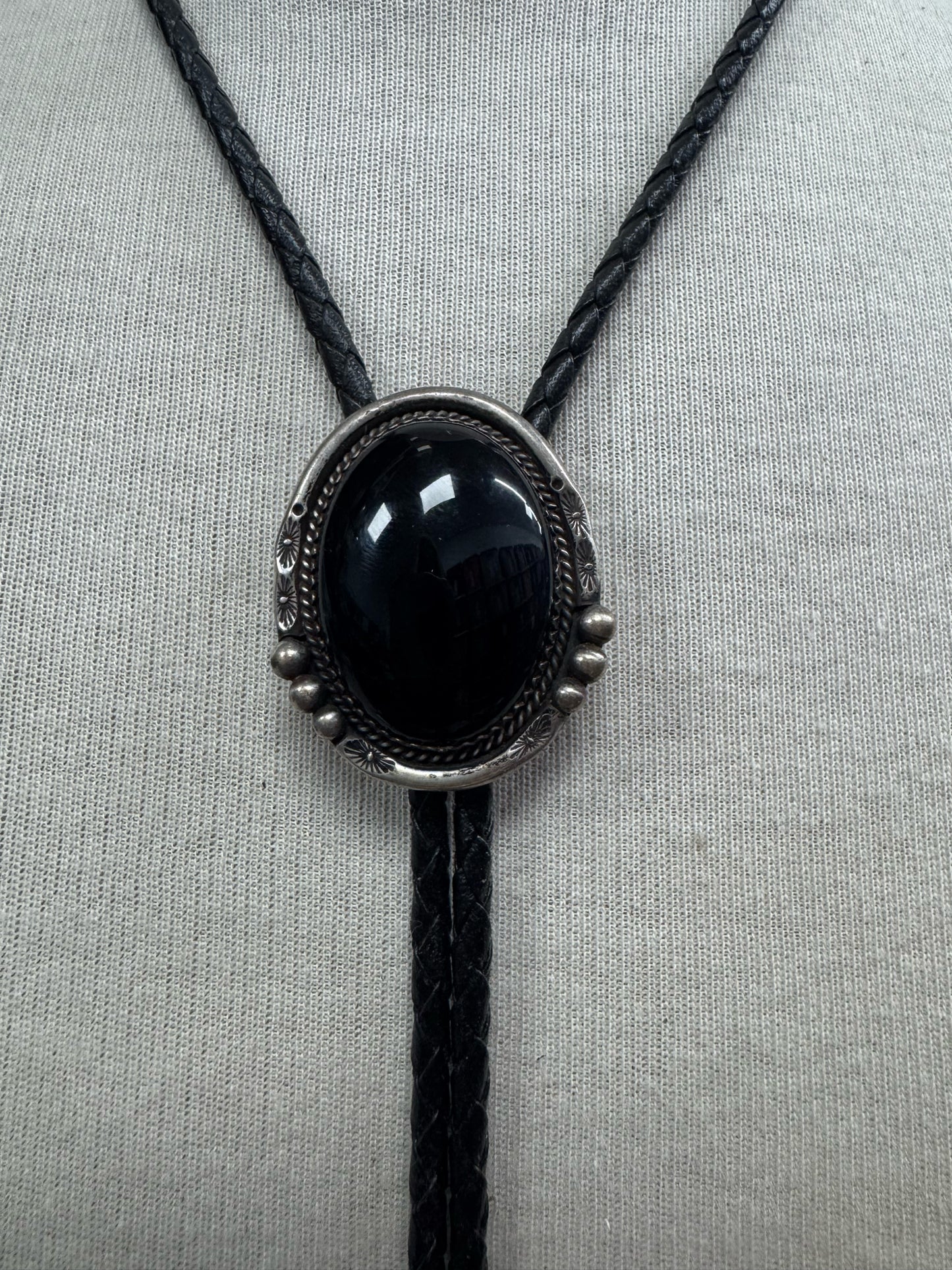 Sterling Silver Onyx Navajo Vintage Native American 1.5" x 1.25" Bolo Tie