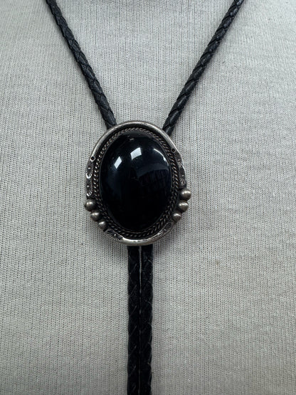 Sterling Silver Onyx Navajo Vintage Native American 1.5" x 1.25" Bolo Tie