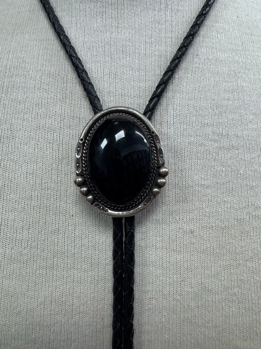 Sterling Silver Onyx Navajo Vintage Native American 1.5" x 1.25" Bolo Tie