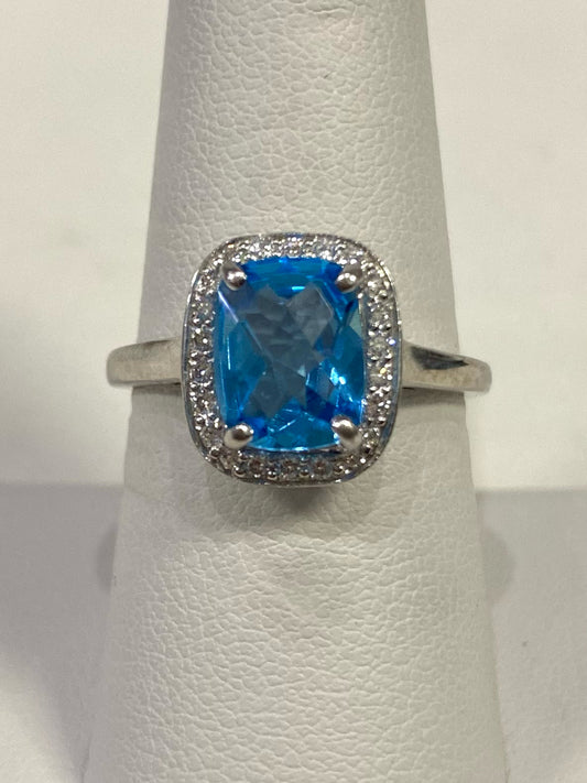 14k White Gold Coast Blue Topaz & Diamond Ring Size 7.75 2.64 dwt