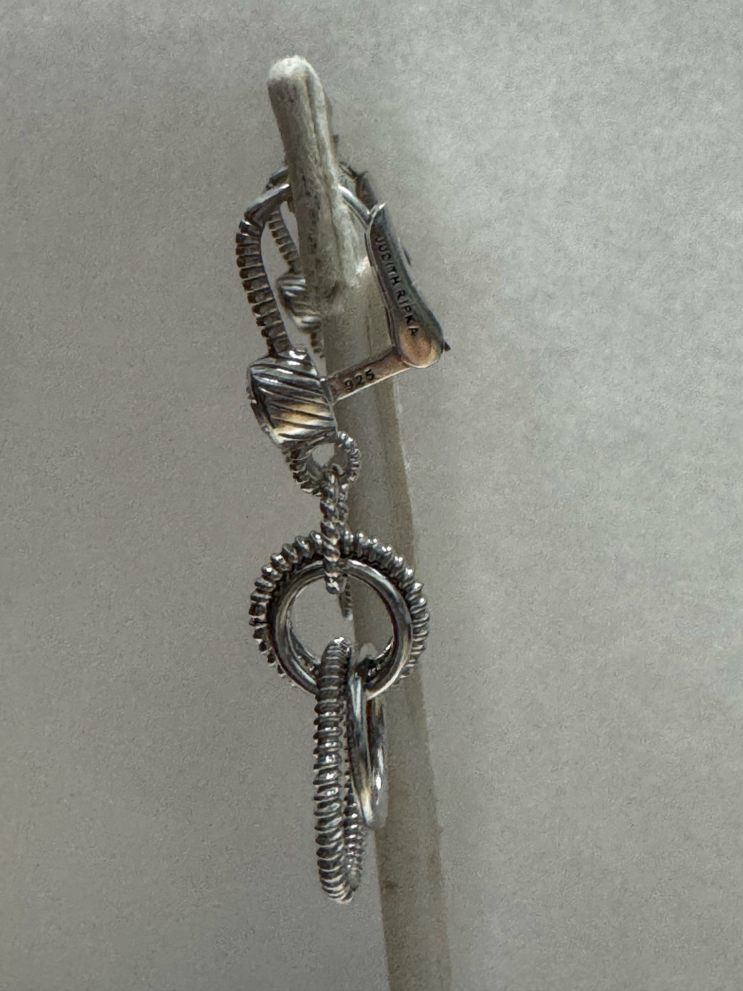 Judith Ripka Sterling Silver CZ 1.5" Dangle Leverback  Earrings Textured Rings