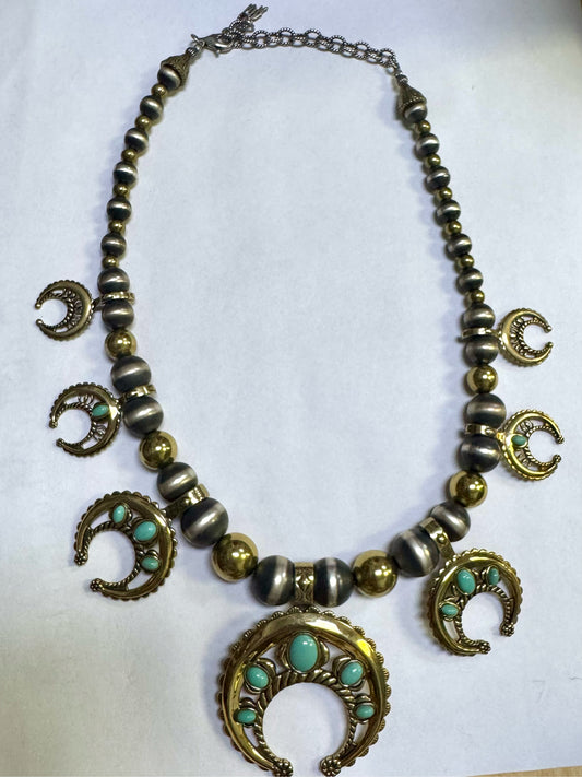 Carolyn Pollack American West Sterling & Brass Turquoise Squash Blossom Necklace