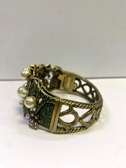 Heidi Daus Clamper Bangle Bracelet Faux Pearl Green Swarovski Crystals