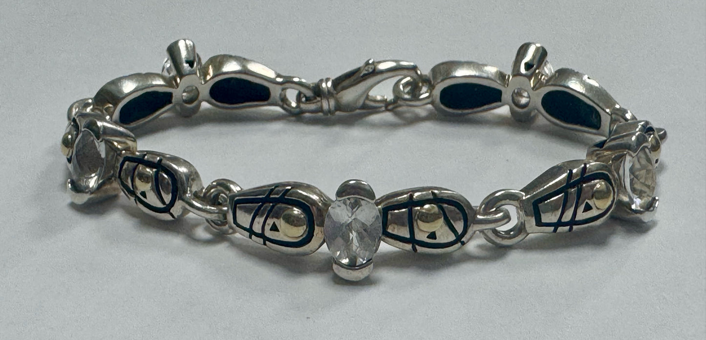 Designer John Atencio JA Sterling Silver & 18K Gold White Topaz 7" Bracelet