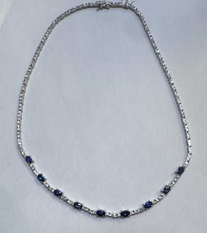 18" Sterling Silver Blue & White Cubic Zirconia Tennis Fancy Necklace