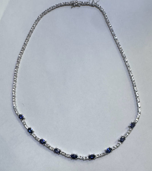 18" Sterling Silver Blue & White Cubic Zirconia Tennis Fancy Necklace