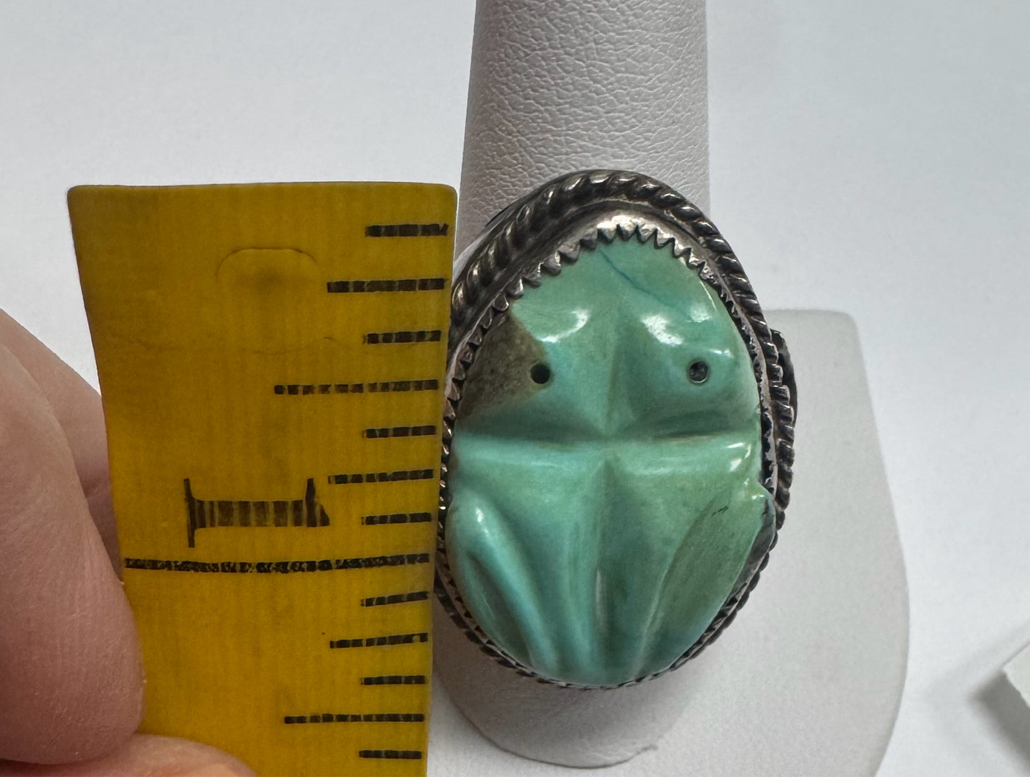 Vintage Native American Sterling Silver Heavy 35g Carve Turquoise Ring Size 9.75