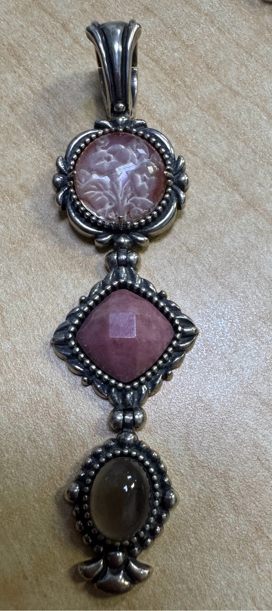 Carolyn Pollack Relios Sterling Silver Pendant 3.3" Morning Glory Pink Rhodonite