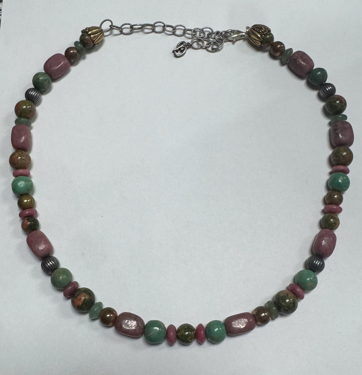 Carolyn Pollack Sterling Silver & Brass Rhodonite Beads Pink Green Necklace Adj