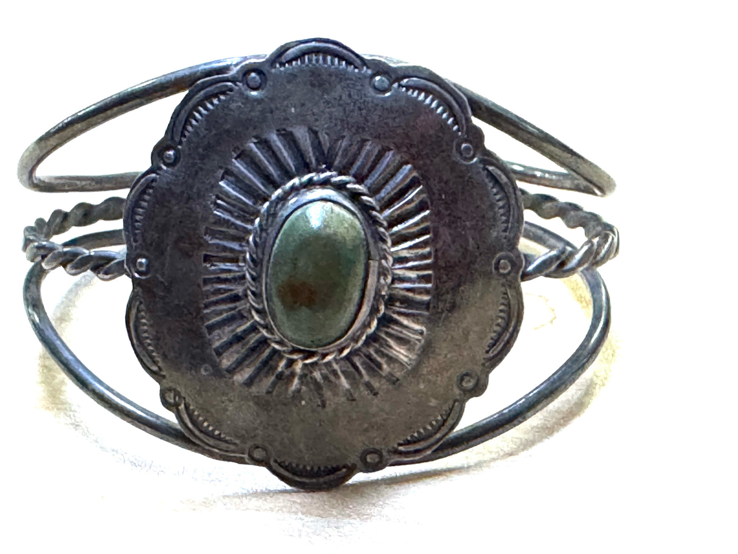 Vintage Sterling Silver Stamped Turquoise Concho Cuff Bracelet