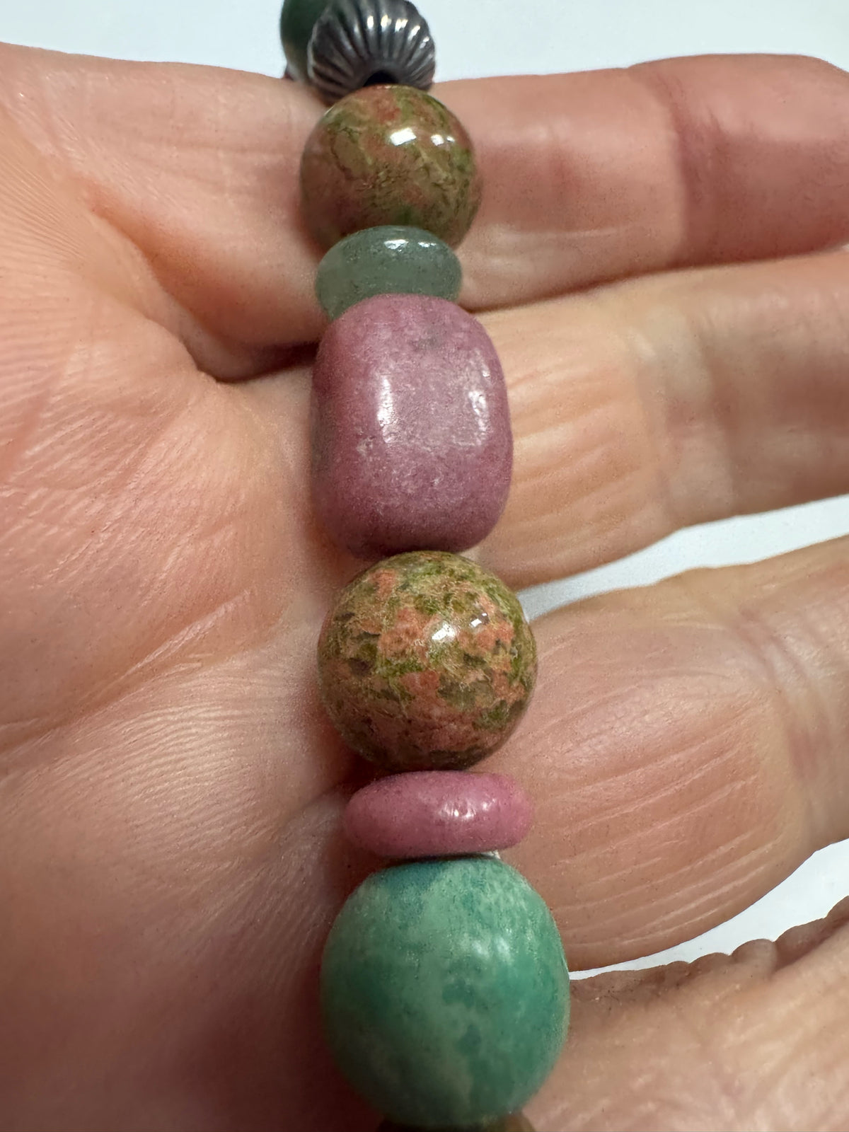 Carolyn Pollack Sterling Silver & Brass Rhodonite Beads Pink Green Necklace Adj