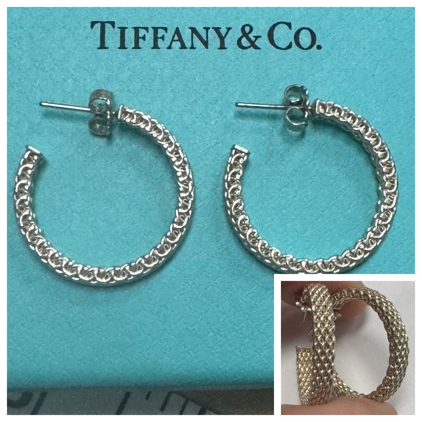 Tiffany & Co. Sterling Silver 1" Mesh Somerset Round Hoop Earrings w/ Box HTF